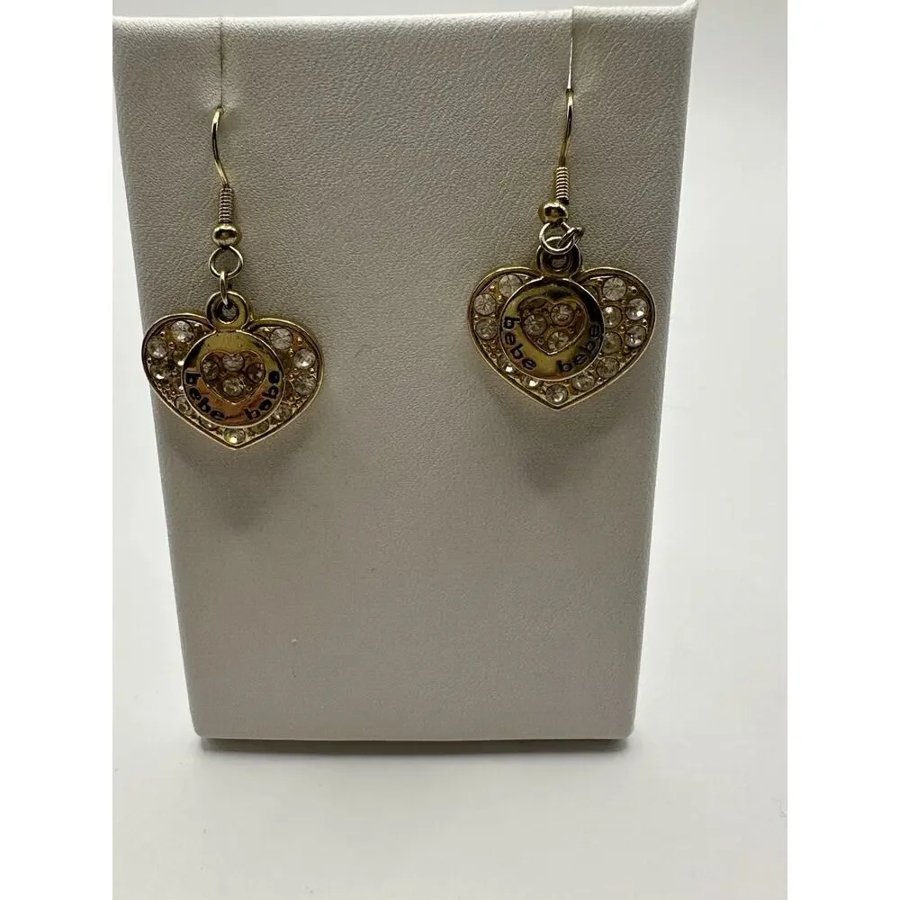 BeBe Goldtone Heart Rhinestone Hook Dangle Earrings 1.25”L